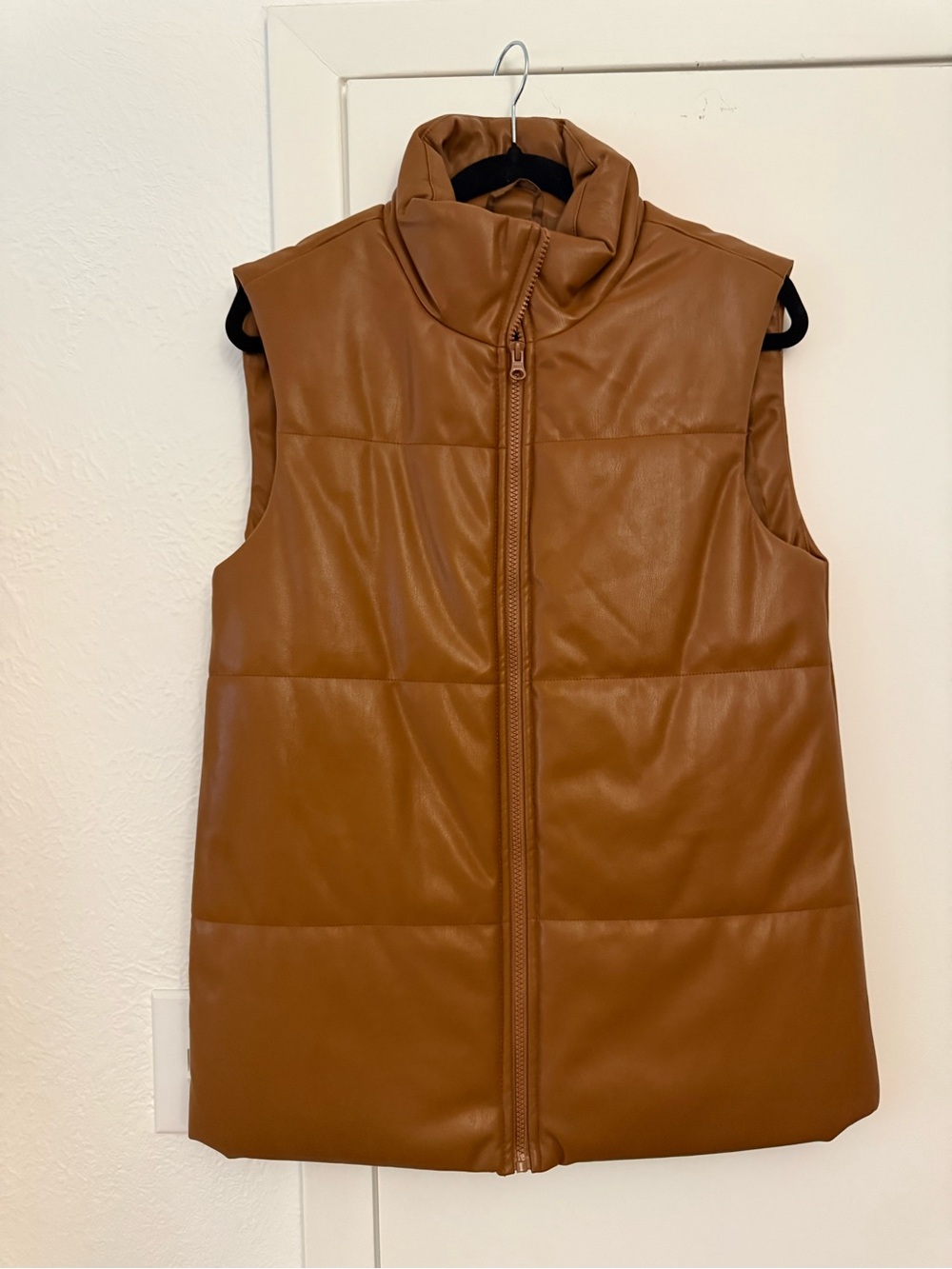 Women's Faux-Leather Puffer Vest in Cognac - Sleeveless Zip-Up